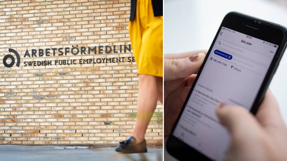 Bilden till vänster visar en kvinna klädd i gul klänning passera framför Arbetsförmedlingens skylt utanför huvudkontoret i Solna. Bilden till höger visar en person som använder på Arbetsförmedlingens platsbank i mobilen.