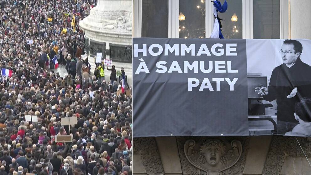 Bilden visar en demonstration i Frankrike till stöd för yttrandefriheten efter mordet på läraren Samuel Paty, vars bild syns på en banderoll.