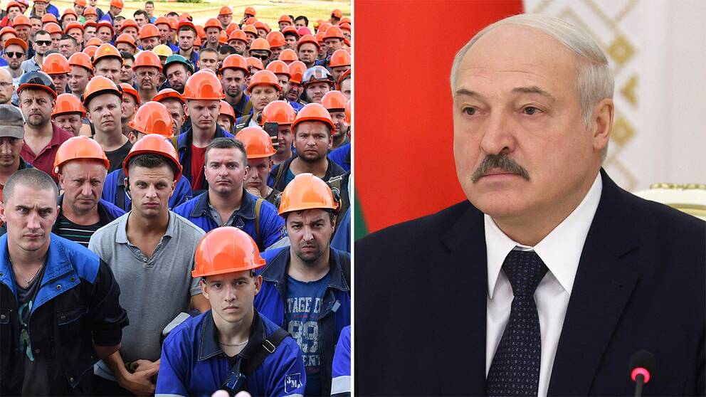Fabriksarbetare deltar i ett protestmöte mot Lukasjenko kort efter valet i augusti/Vitrysslands president Aleksandr Lukasjenko