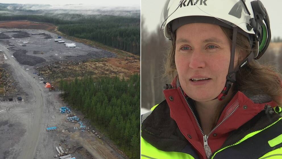 Bild till vänster: Drönarbilder över ett industriområde i Skellefteå. Till höger näringslivschef Anja Palm, som intervjuas utomhus, iklädd hjälm.