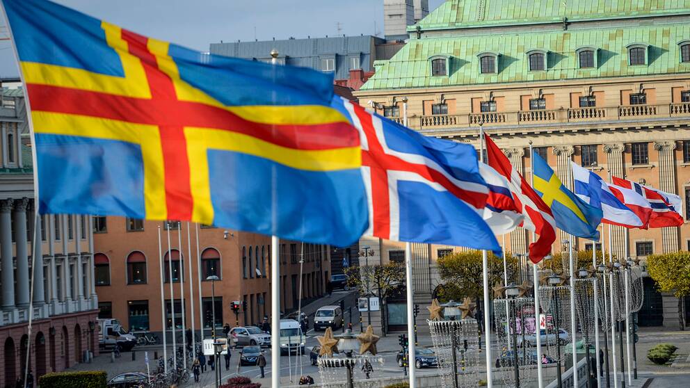 Nordiska Rådets medlemsländers flaggor.