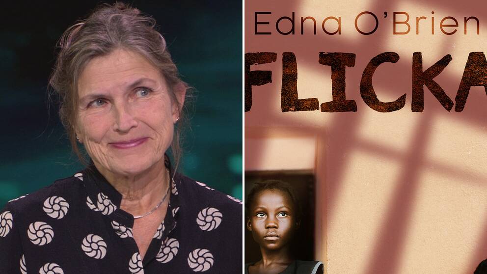 Ingrid Elam och omslaget till Edna O'Briens Flicka som föreställer en flicka som tittar uppåt.
