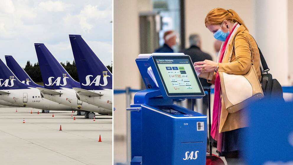 Bilden visar SAS-plan samt en kvinna med munskydd på flygplatsen Kastrup i Köpenhamn.