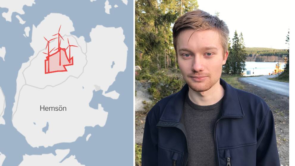 kartgrafik över Hemsön, samt en ung man vid en väg, vatten längre bort