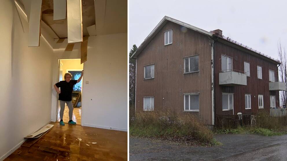 kvinna står i vardagsrum med delar av taket som hänger ner och blött på golvet, samt exteriörbild på det äldre trähuset