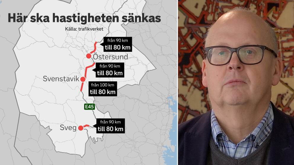 Dubbelbild. Till vänster karta över Jämtlands län med rubriken ”Här ska hastigheten sänkas”. På kartan är tre avsnitt av E45 rödmarkerat och där sänks hastigheten till 80 km i timmen. Till höger bild på skallig man med glasögon.