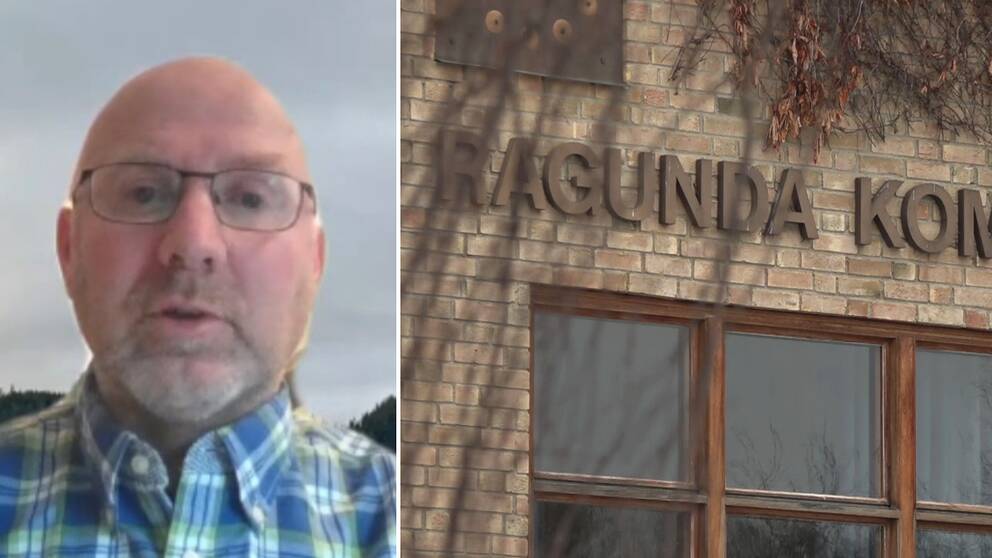 Dubbelbild. Till vänster skallig man med grått skägg och glasögon, mannen har blåvitgrön rutig skjorta. Till höger fasad av hus i gult tegel med texten Ragunda.