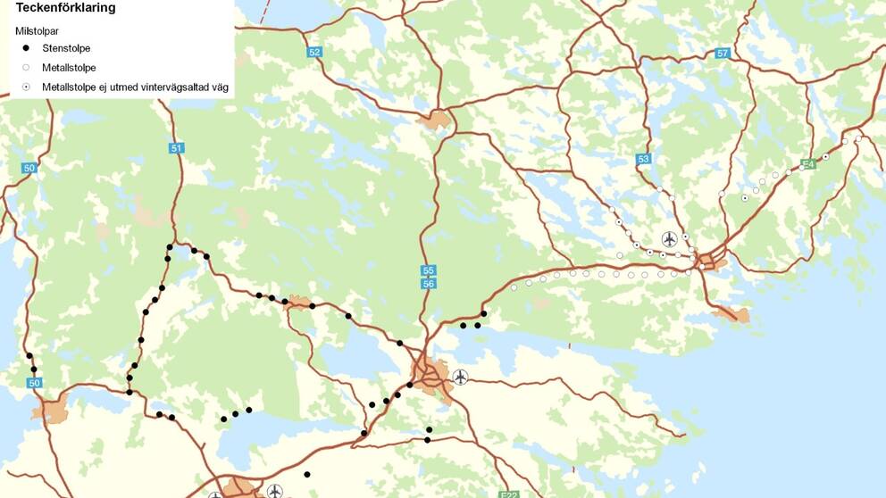 Karta över undersökta milstolpar i Sörmland och Östergötland