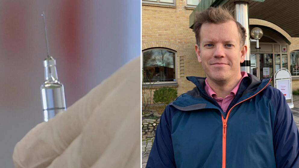 Vaccinationsspruta till vänster och Region Hallands chefläkare Anders Åkvist till höger