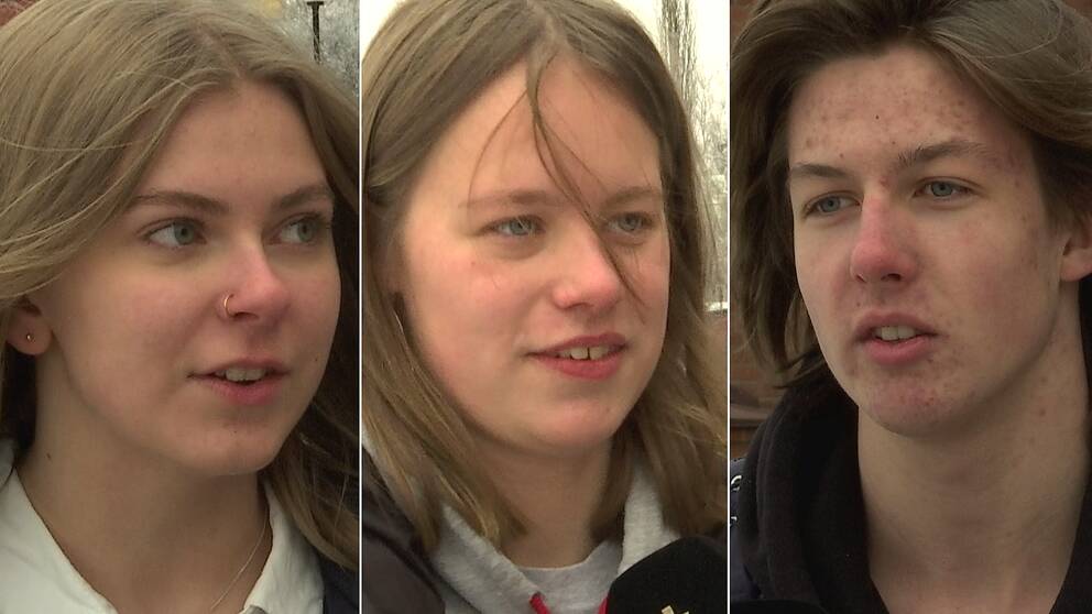 Trebild. Längst till vänster blond tjej med blå ögon och ring i näsan. I mitten tjej med cendrefärgat hår, till höger kille med mörkt halvlångt hår.