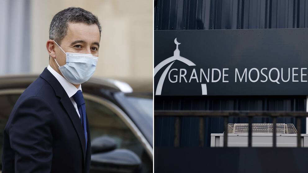 Frankrikes inrikesminister  Gérald Darmanin. Till höger moskén i Parisförorten Pantin som stängdes ner tidigare i år.