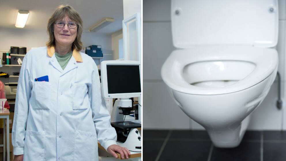 Kvinna med vit rock och glasögon i ett labb. Bredvid en bild på en vit toalett.
