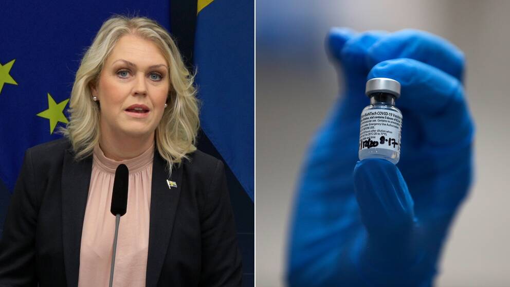 Bildmontage. Socialminister Lena Hallengren (S) och Pfizer-vaccinet.