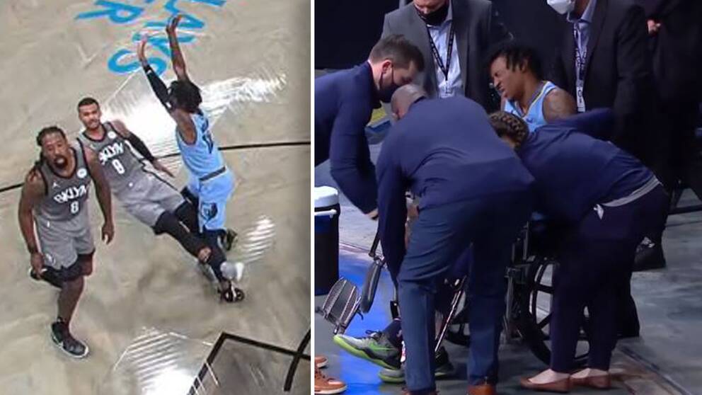 Memphis Grizzlies stjärna Ja Morant, 21, lämnade matchen mot Brooklyn i rullstol efter att ha skadat vänsterfoten.
