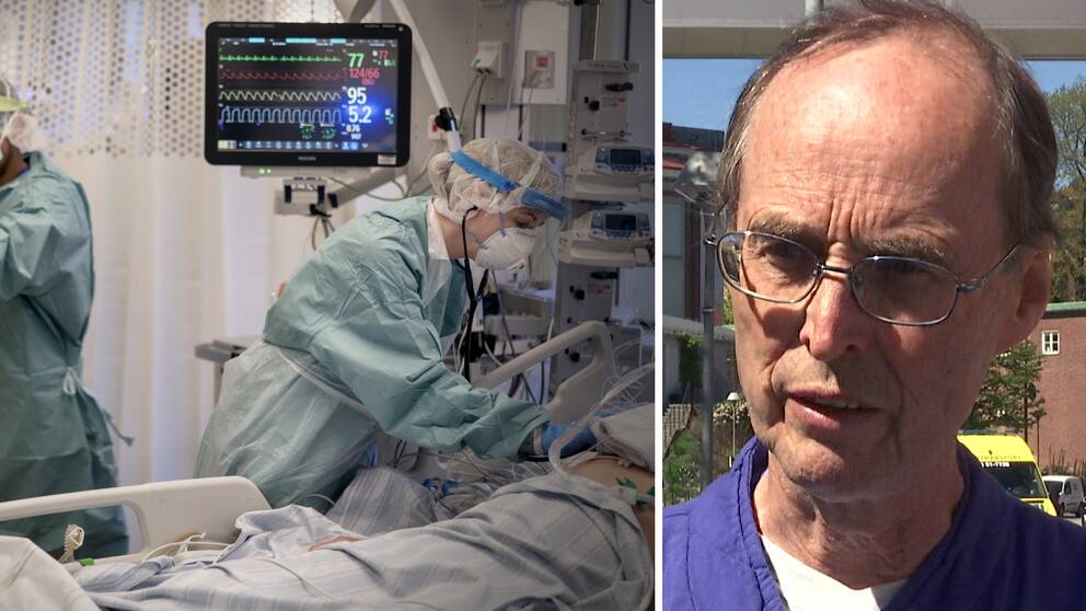 Till vänster iva-personal som vårdar en patient, till höger en överläkare.