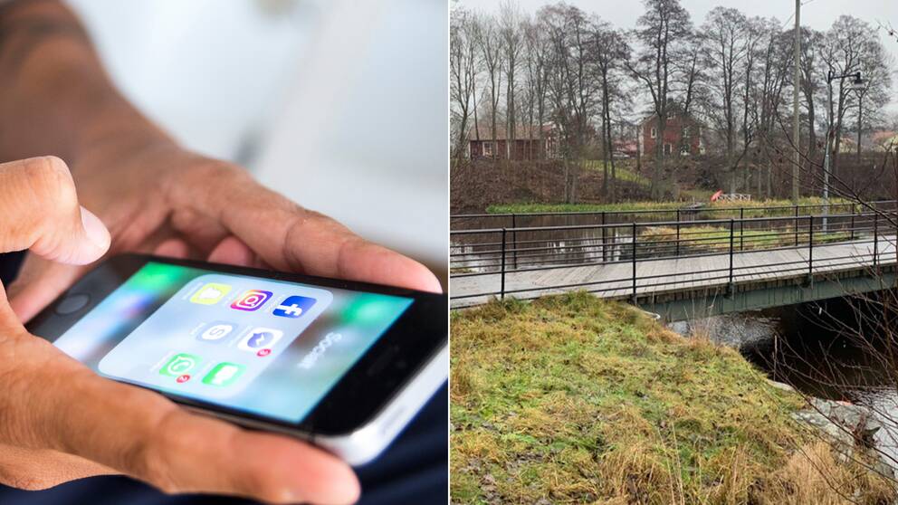 Bilden är ett collage. Den vänstra bilden är en närbild på ett par händer som håller i en smartphone. Den högra bilden föreställer en bro med svart metallstaket. I bakgrunden syns två röda hus och nakna träd.