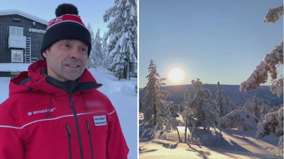 en man med röd jacka och fjäll i solsken