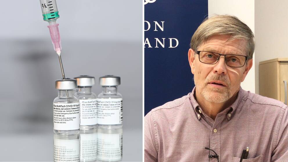 Vaccinspruta samt en bild på Signar Mäkitalo i sin sedvanliga rutiga skjorta framför en blå bakgrund.