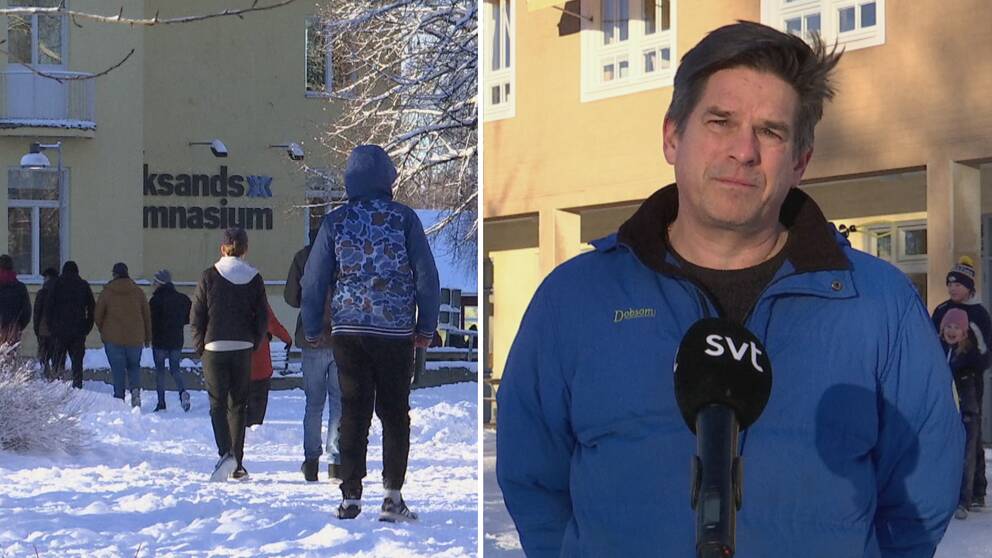 elever på en skolgård i snöskrud och en man i en blåjacka.