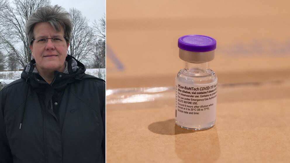 Bilden är ett collage. Den vänstra bilden är en porträttbild på region Kalmar läns vaccinsamordnare, Marie Ragnarsson. Hon syns från bröstet och uppåt. Hon har svart jacka, kort grått och glasögon. Hon står utomhus och i bakgrunden skymtar nakna träd, snö och en gråmulen himmel. Den vänstra bilden är en bild på en burk coronavaccin med lila lock.