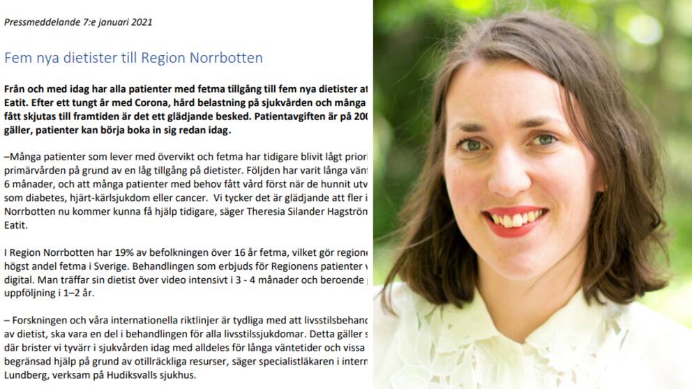 skärdump på pressmeddelande från företaget Eatit, samt porträtt på en kvinna – Theresia Silander Hagström
