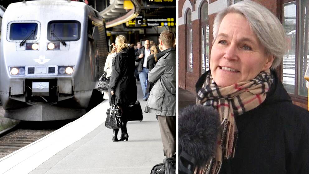 Till vänster en bild på en perron där folk väntar på att gå på ett tåg, till höger en professor på en tågstation.