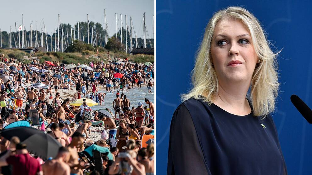 Fullpackat på badstrand i Lomma/ Socialminister lena Hallengren (S).