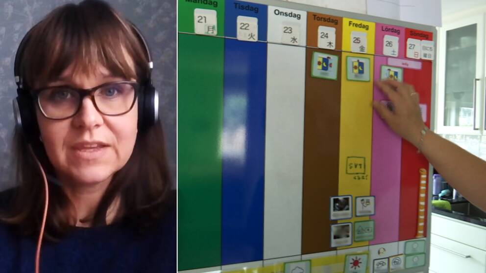 Ett schema över veckan till vänster, för att underlätta för barn att förstå sin vecka. Till höger en bild på utredaren Maria Gustavson.