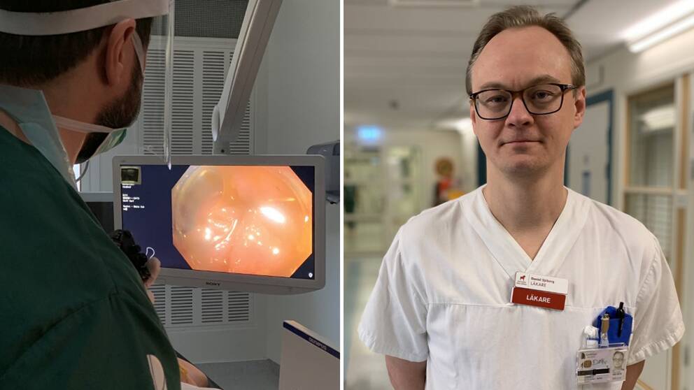 Bilden visar en patient som genomgår en så kallad koloskopi. Bilden visar också Daniel Sjöberg, specialistläkare inom mag-tarmsjukdomar som står i en korridor på Falu lasarett.