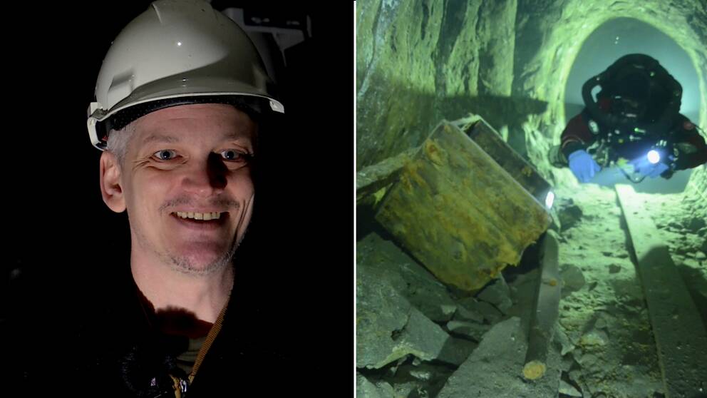 Verksamhetsutvecklaren Niklas Ulfvebrand i en skyddshjälm, och undervattensbild på dykare nere i en gång i Sala silvergruva.
