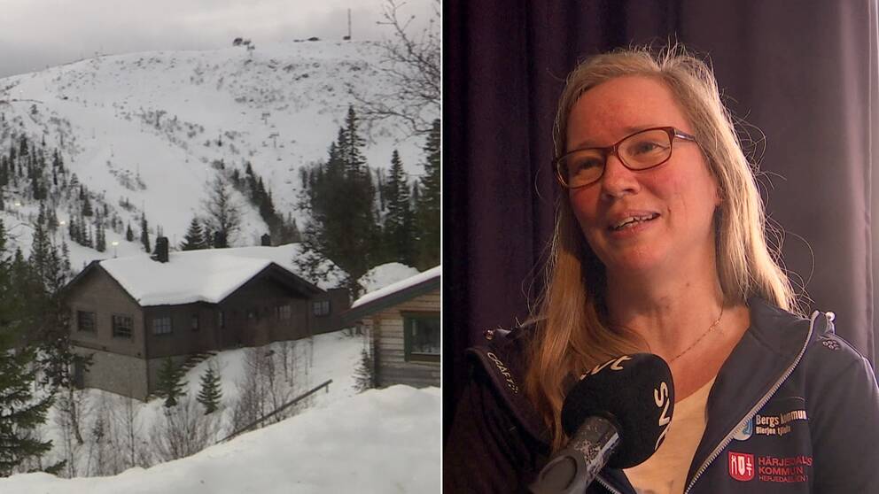 Bild på fjällstuga till vänster samt bild tagen ur videointervju föreställande Cilla Gauffin till höger