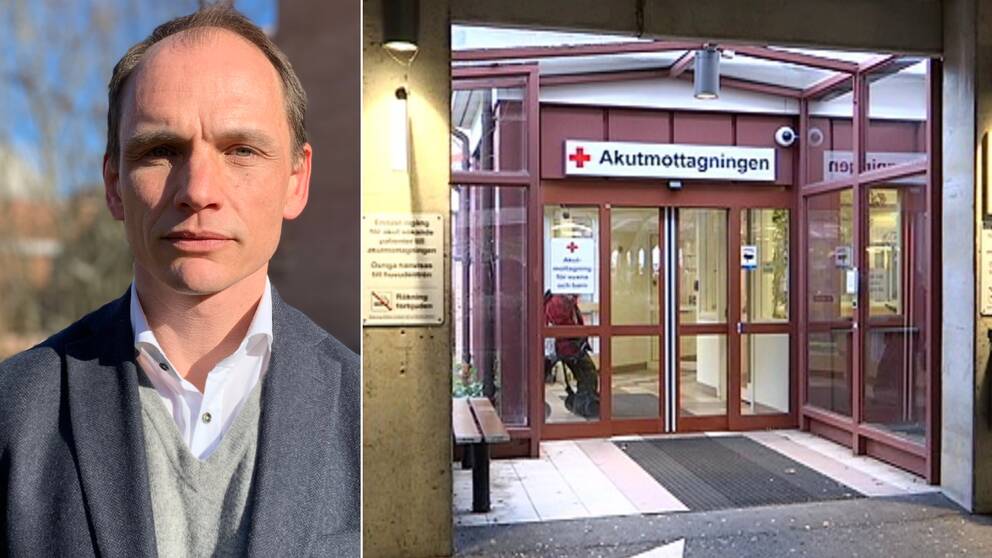 En bild på sjukvårdsdirektör Martin Takac bredvid en bild på akutmottagningen på länssjukhuset Ryhov.