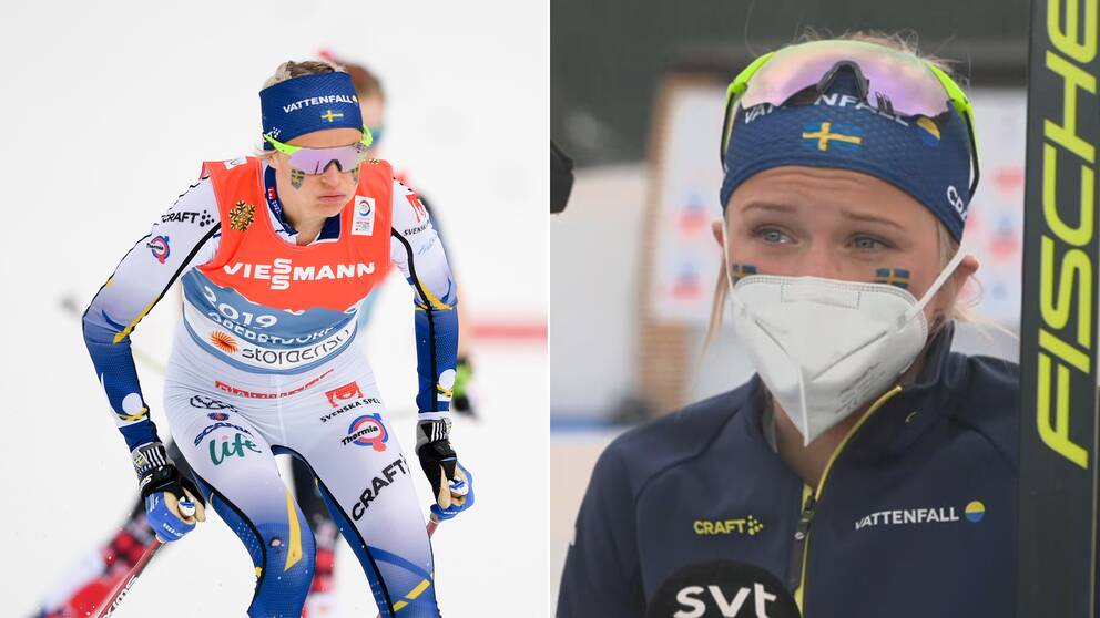 Frida Karlsson som suckar till vänster, och samma Karlsson tårögd till höger.