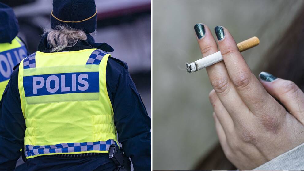 Polis iförd gul väst/Hand som håller en cigarett