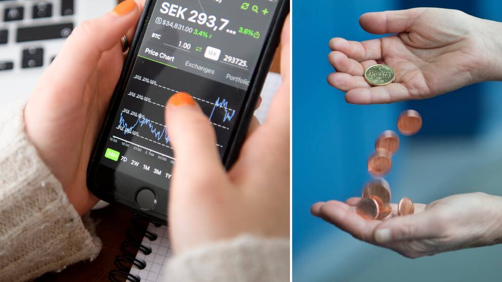 Bilden visar en kvinna som håller i en smarttelefon som visar en aktiekurs. Till höger syns två händer som håller i svenska mynt.
