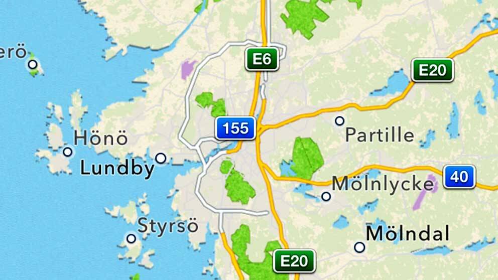 Göteborg inte ens på kartan, enligt Apple. Staden låg tidigare ungefär vid skylten för väg 155.