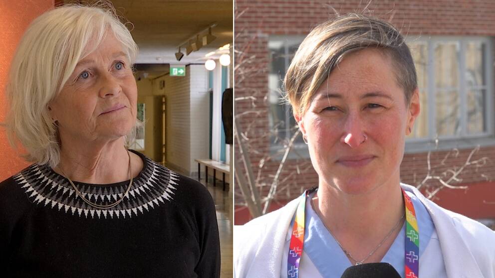 En kvinna med vitt hår och svart tröja och en kvinna med kort frisyr och sjukvårdskläder.