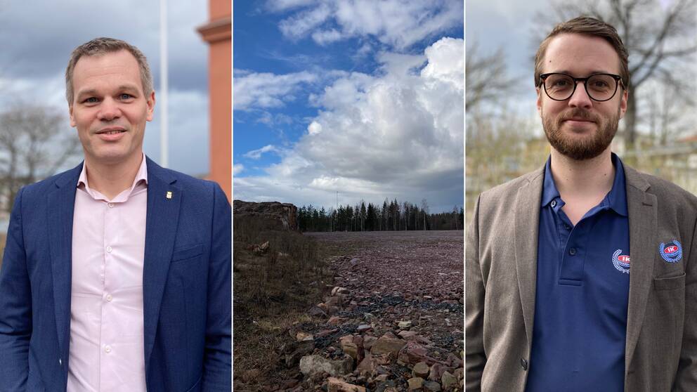Bilden är ett collage med tre bilder. Den vänstra bilden är en porträttbild på Oskarshamns kommunalråd Andreas Erlandsson och den högra bilden är en porträttbild på IK Oskarshamns klubbchef Martin Åkerberg. Emellan dem är en bild på en bit obebyggd industrimark.