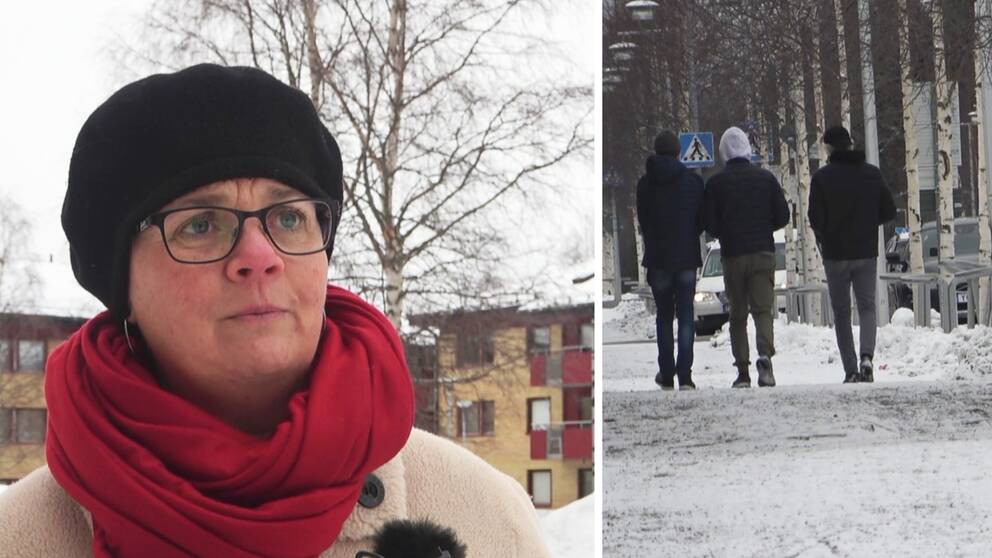 delad bild: närbild medelålders kvinna med glasögon, mössa och halsduk framför lägenhetshus, samt tre ungdomar som går längs en snöig gångväg