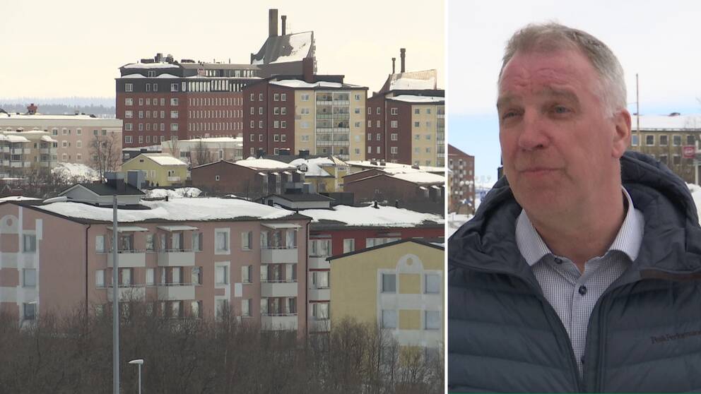 stadsvy över hus med lägenheter i Kiruna, samt närbild på mäklaren Peter Barsk – en medelåldersman