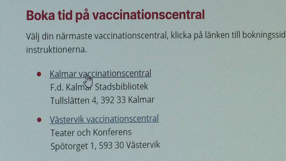 Bild på Region Kalmar läns webbsida med rubriken ”Boka tid på vaccinationscentral”. 