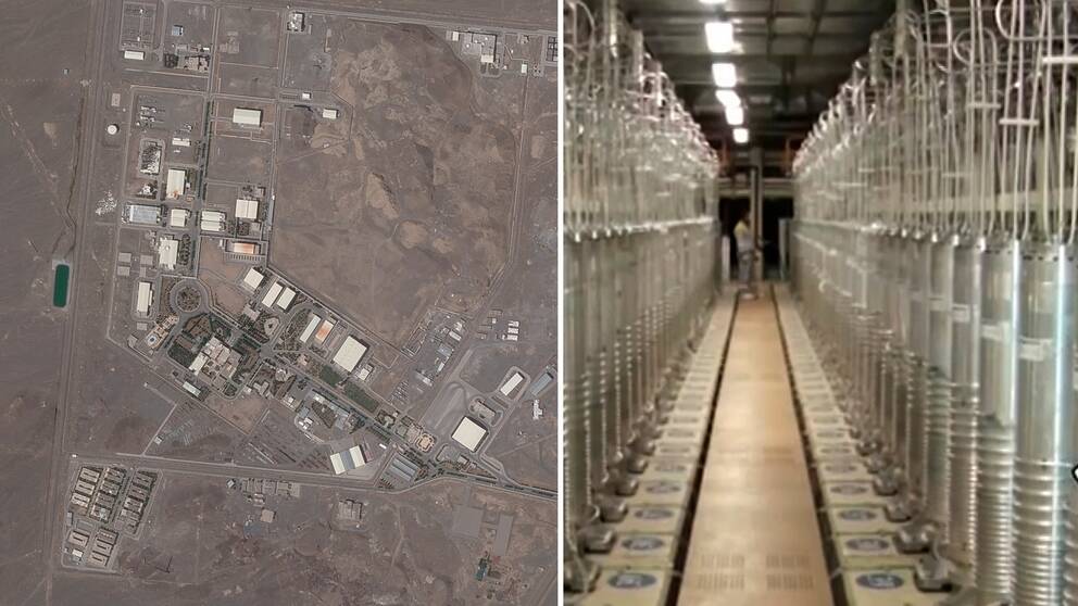 Bilden visar en flygbild samt en hall inne på kärnanläggningen i Natanz i Iran.