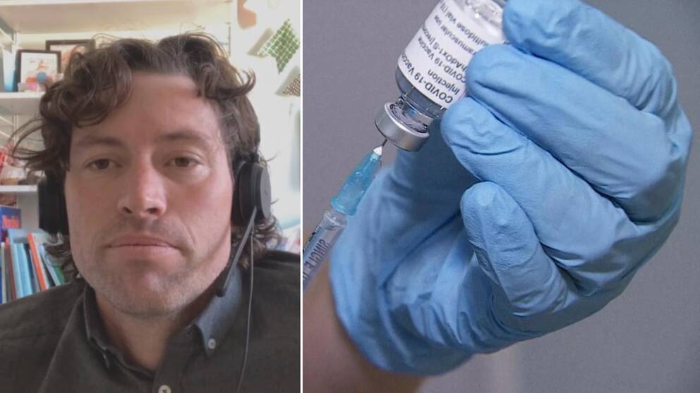 Karl Kataoka som JO-anmält Region Halland till vänster, vaccinspruta till höger.
