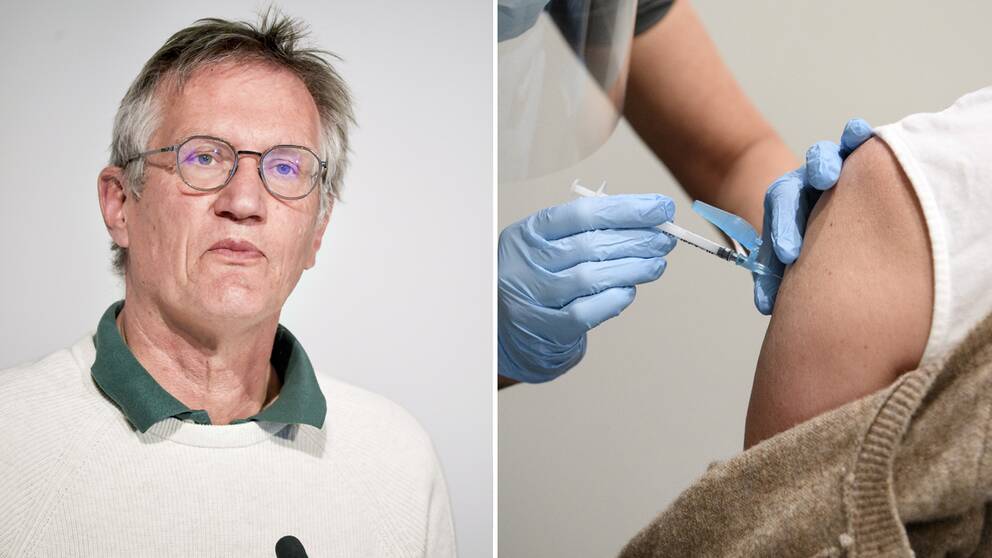 Statsepidemiolog Anders Tegnell. Till höger en person som får coronavaccin.