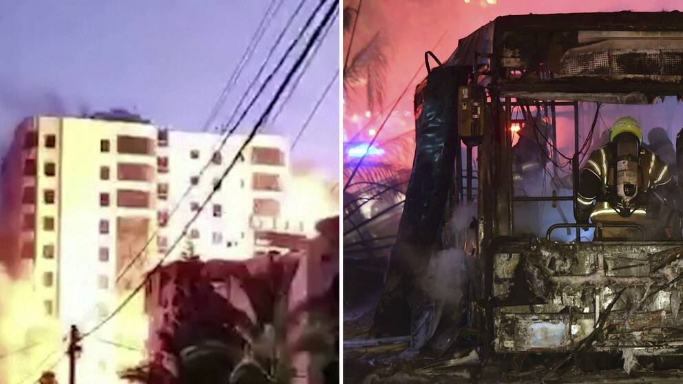 Raketerna mot Tel Aviv var svar på Israels attack mot Gaza tidigare under kvällen. Se klippet där höghuset i Gaza rasar efter det israeliska flyganfallet. Till höger brandsläckning efter svarsraketerna mot Tel Aviv.