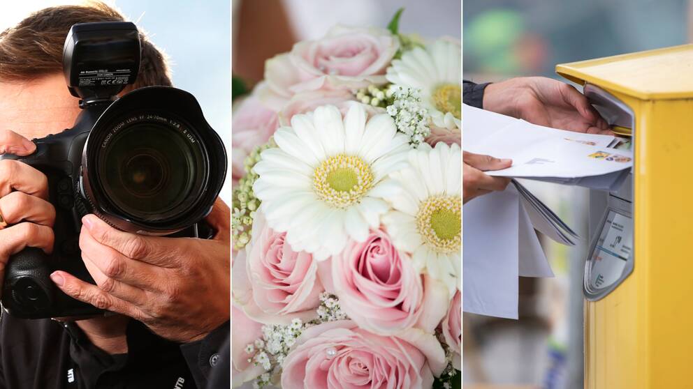 En man med kamera i handen, blommot och en brevlåda.