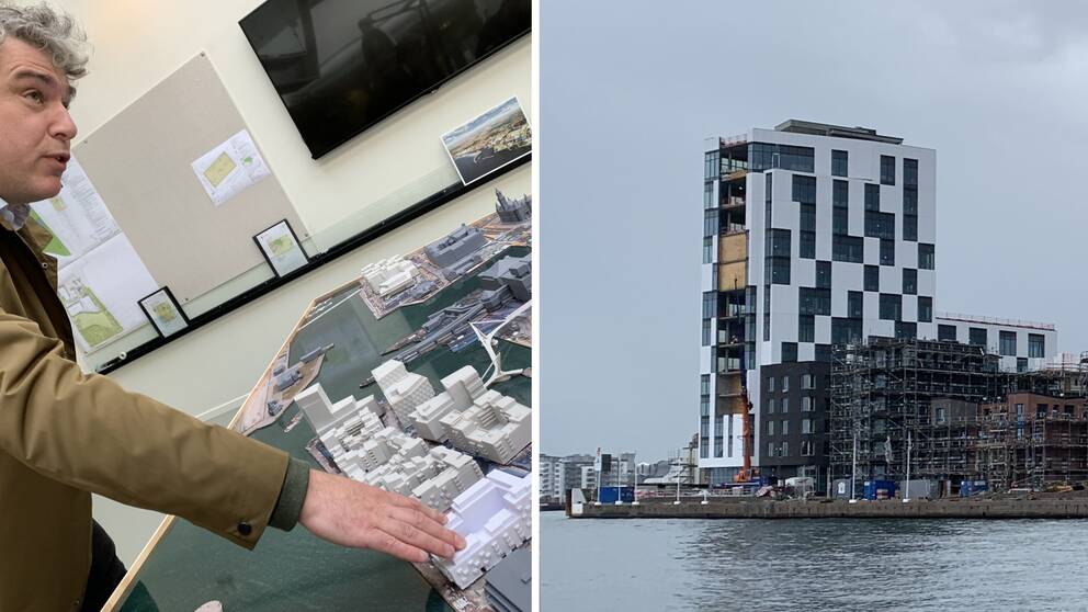 Fotomontage, en man pekar på en modell av området och ett foto på färdigbyggda fastigheter.