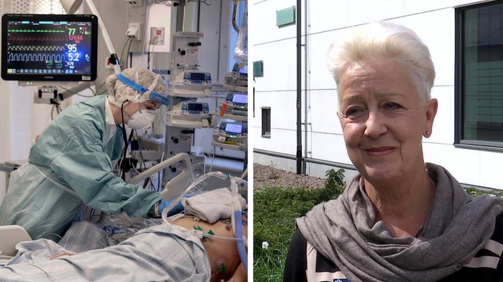 Collage. Verksamhetschefen Marita Toreheim Kase och en person i skyddsdräkt som vårdar en patient i respirator.