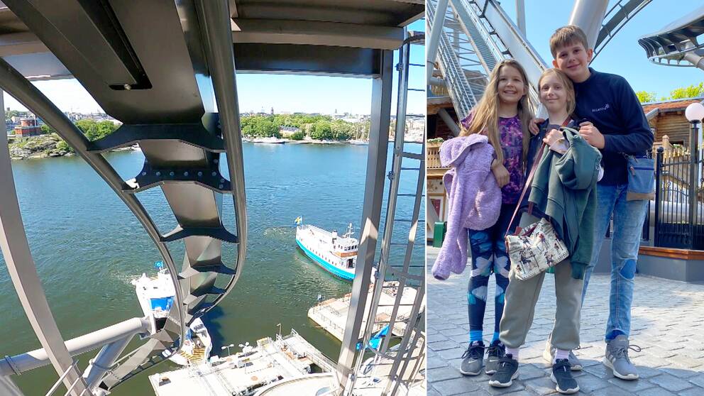 Det är två bilder. Den vänstra bilden är en stillbild från när någon åker i en bergochdalbana i luften, där rälsen går ner åt och i bakgrunden ser man vatten och två båtar. Den högra är en bild på tre av besökarna som ser glada ut.