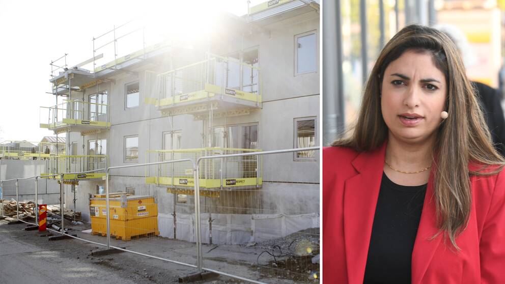Flerbostadshus under produktion. V:s partiledare Nooshi Dadgostar till höger.